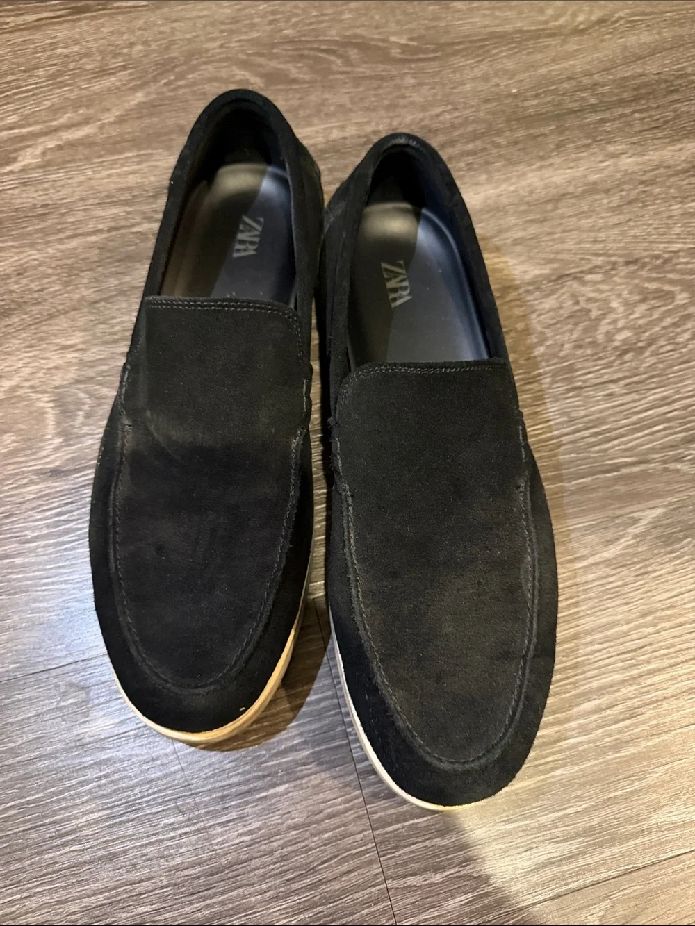 Zara Black Suede Slip-On Loafers with Tan Outsole
